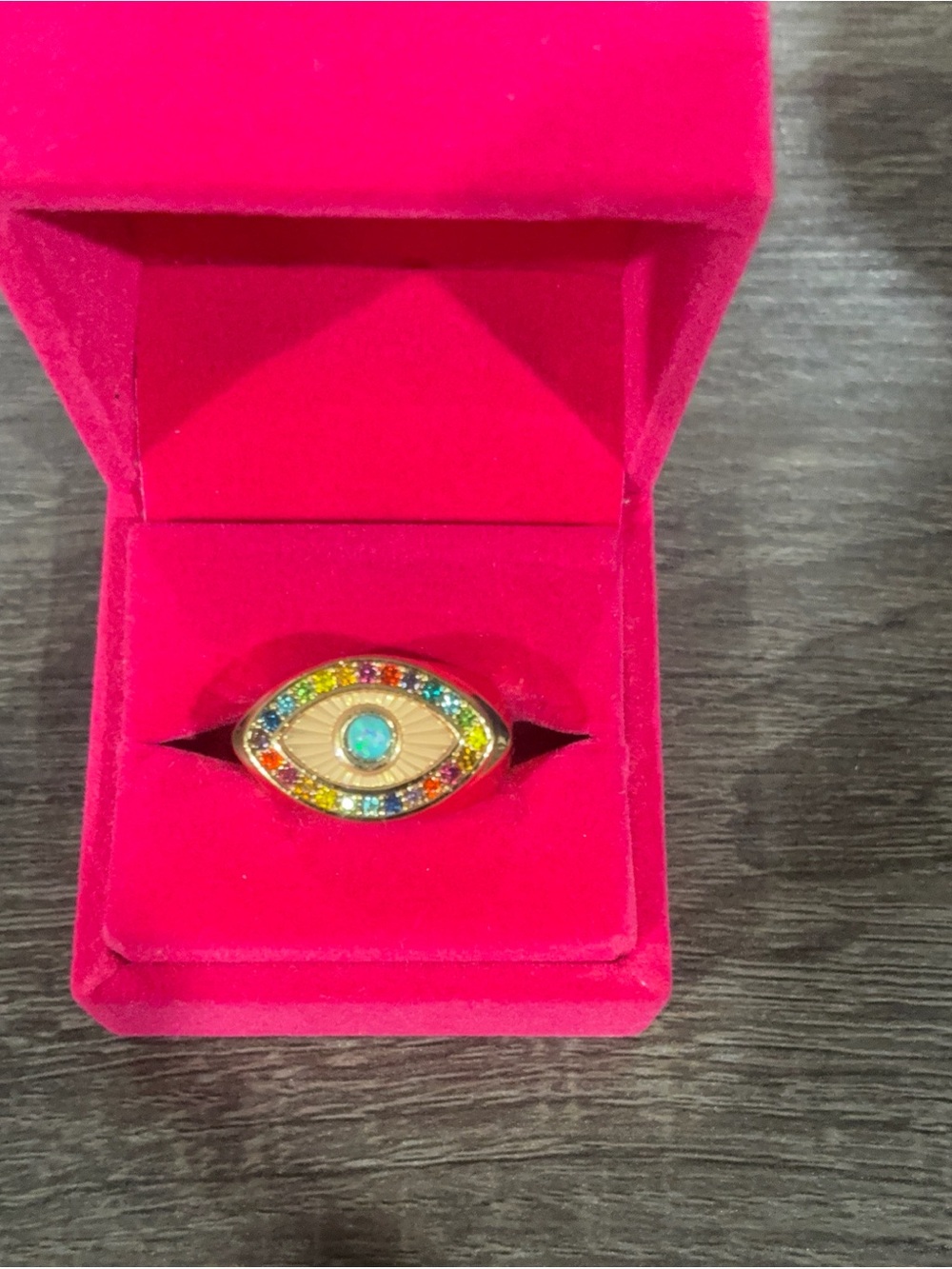 Kurt Geiger Gold Tone Rainbow Gem Eye Ring with Opal Center